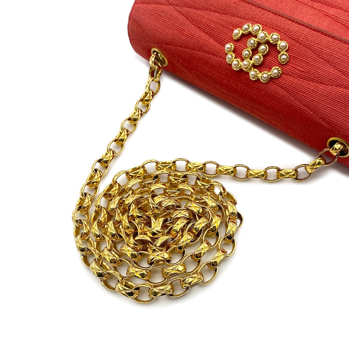 Luxury Promise Japan CHANEL CHAIN SHOULDER BAG FAKE PEARL RED FABRIC 90268198