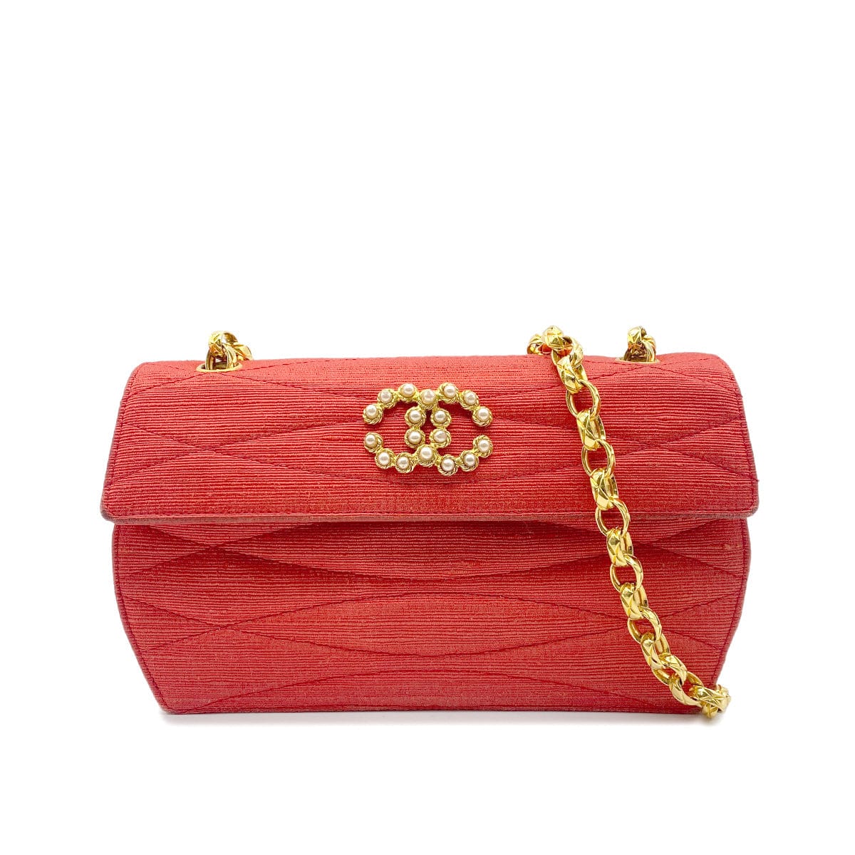 Luxury Promise Japan CHANEL CHAIN SHOULDER BAG FAKE PEARL RED FABRIC 90268198