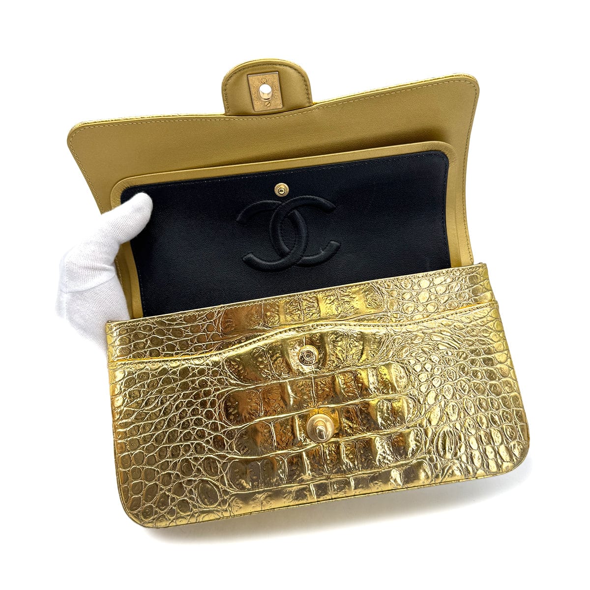 Luxury Promise Japan CHANEL CHAIN SHOULDER BAG GOLD CROCODILE EMBOSSED GOLD HARDWARE 90321015