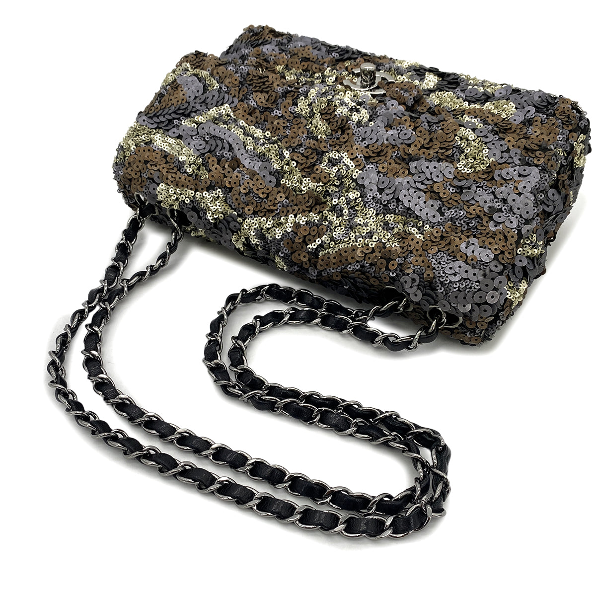 Luxury Promise Japan CHANEL CHAIN SHOULDER BAG GRAY BRONZE SEQUINS LEATHER 90296680