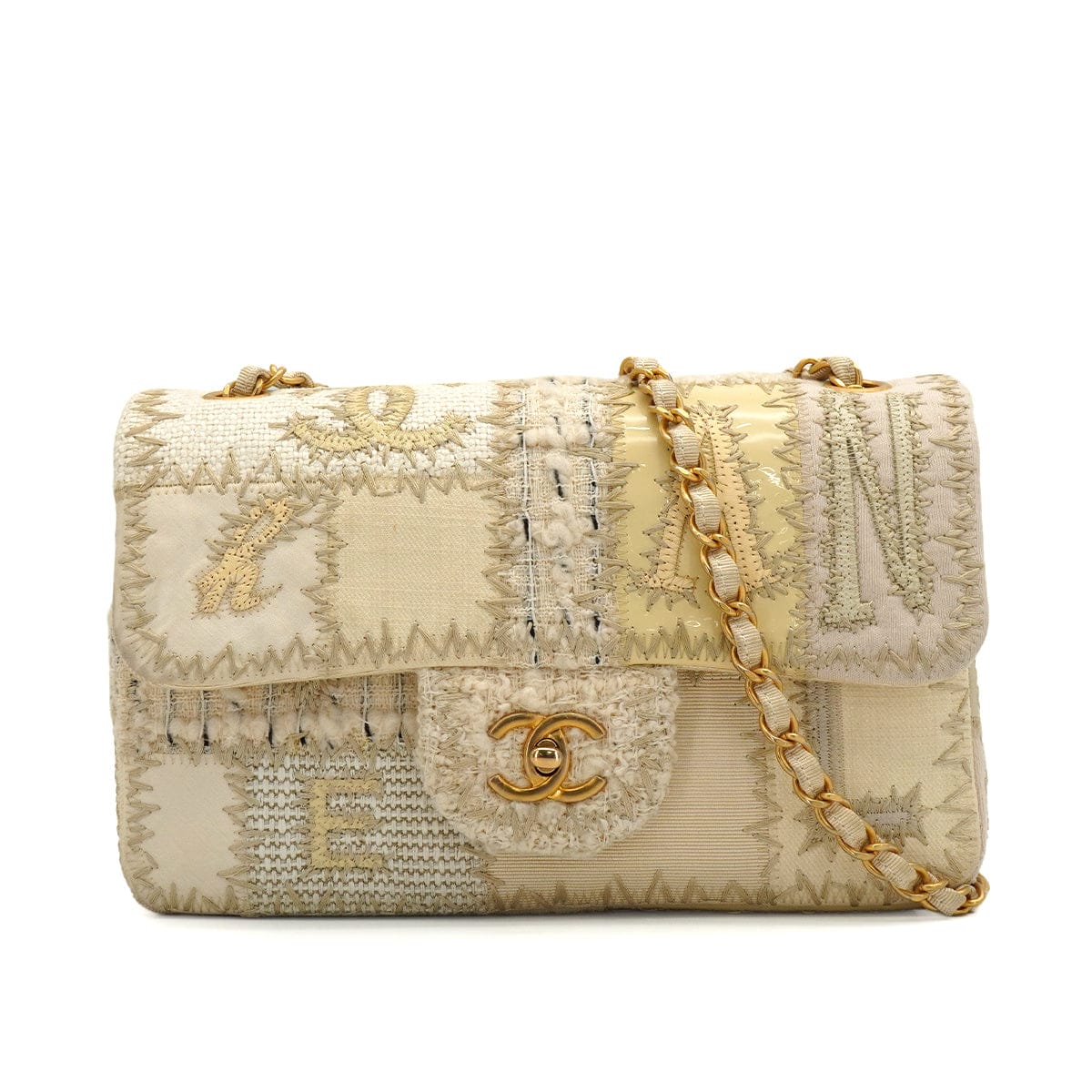 Luxury Promise Japan CHANEL CHAIN SHOULDER BAG PATCHWORK BEIGE TWEED GOLD HARDWARE 90344451