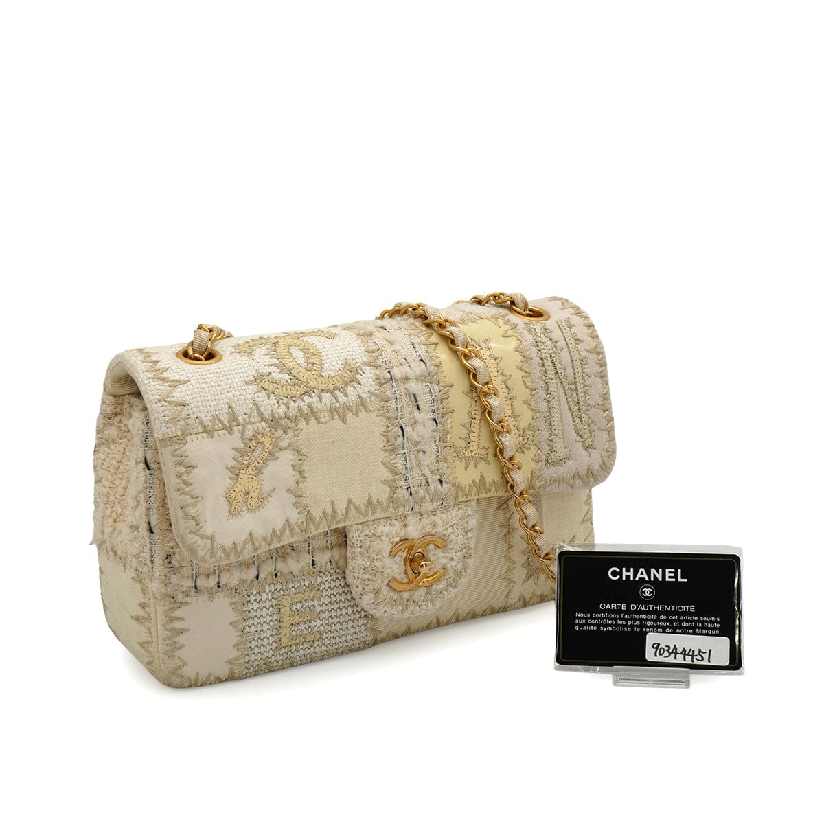 Luxury Promise Japan CHANEL CHAIN SHOULDER BAG PATCHWORK BEIGE TWEED GOLD HARDWARE 90344451