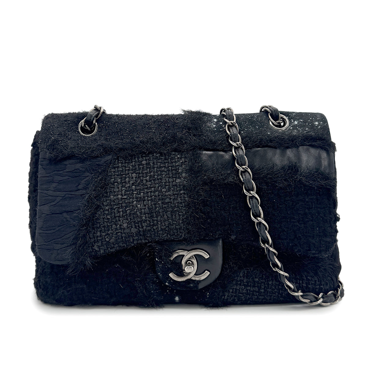 Luxury Promise Japan CHANEL CHAIN SHOULDER BAG PATCHWORK BLACK TWEED LEATHER 90271966