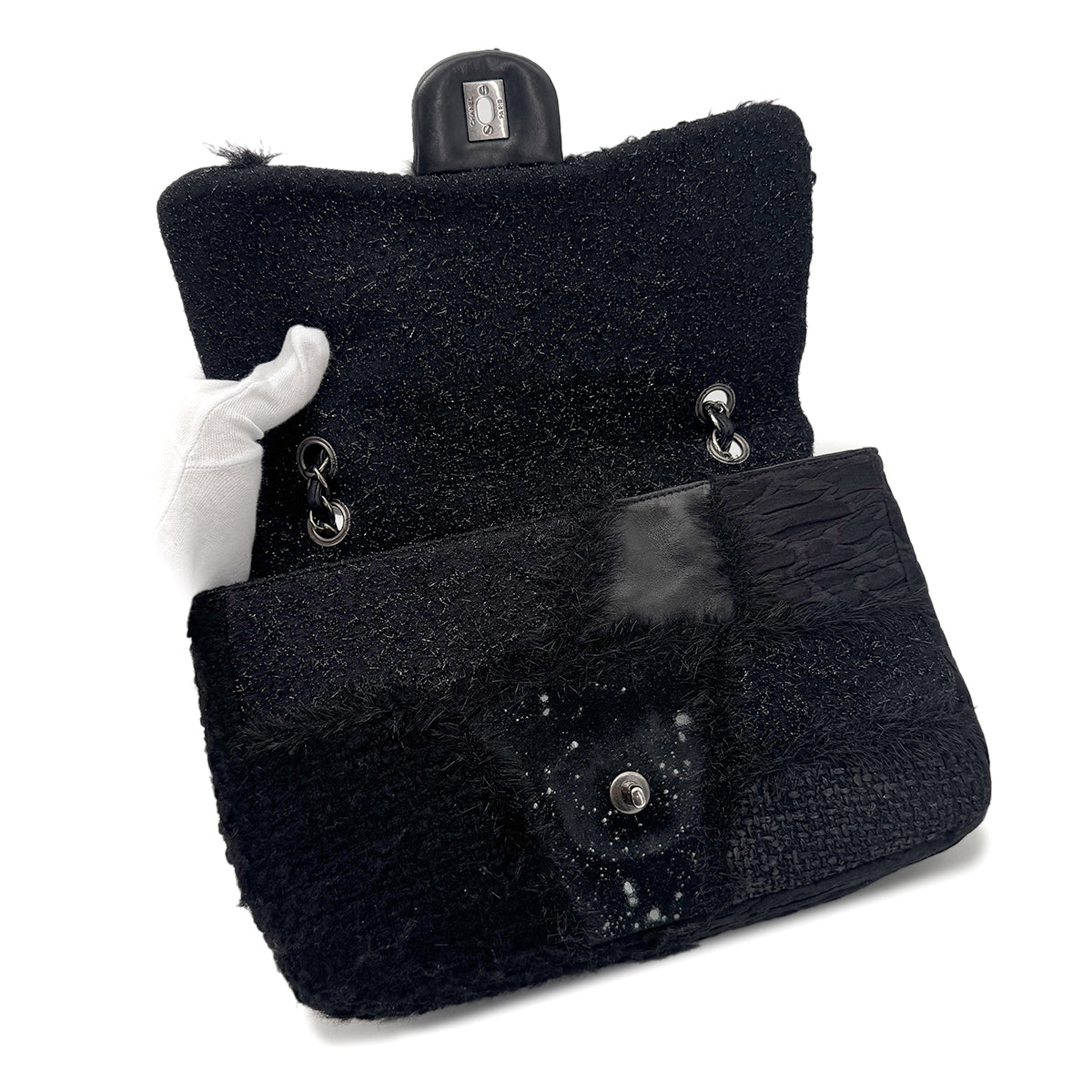 Luxury Promise Japan CHANEL CHAIN SHOULDER BAG PATCHWORK BLACK TWEED LEATHER 90271966