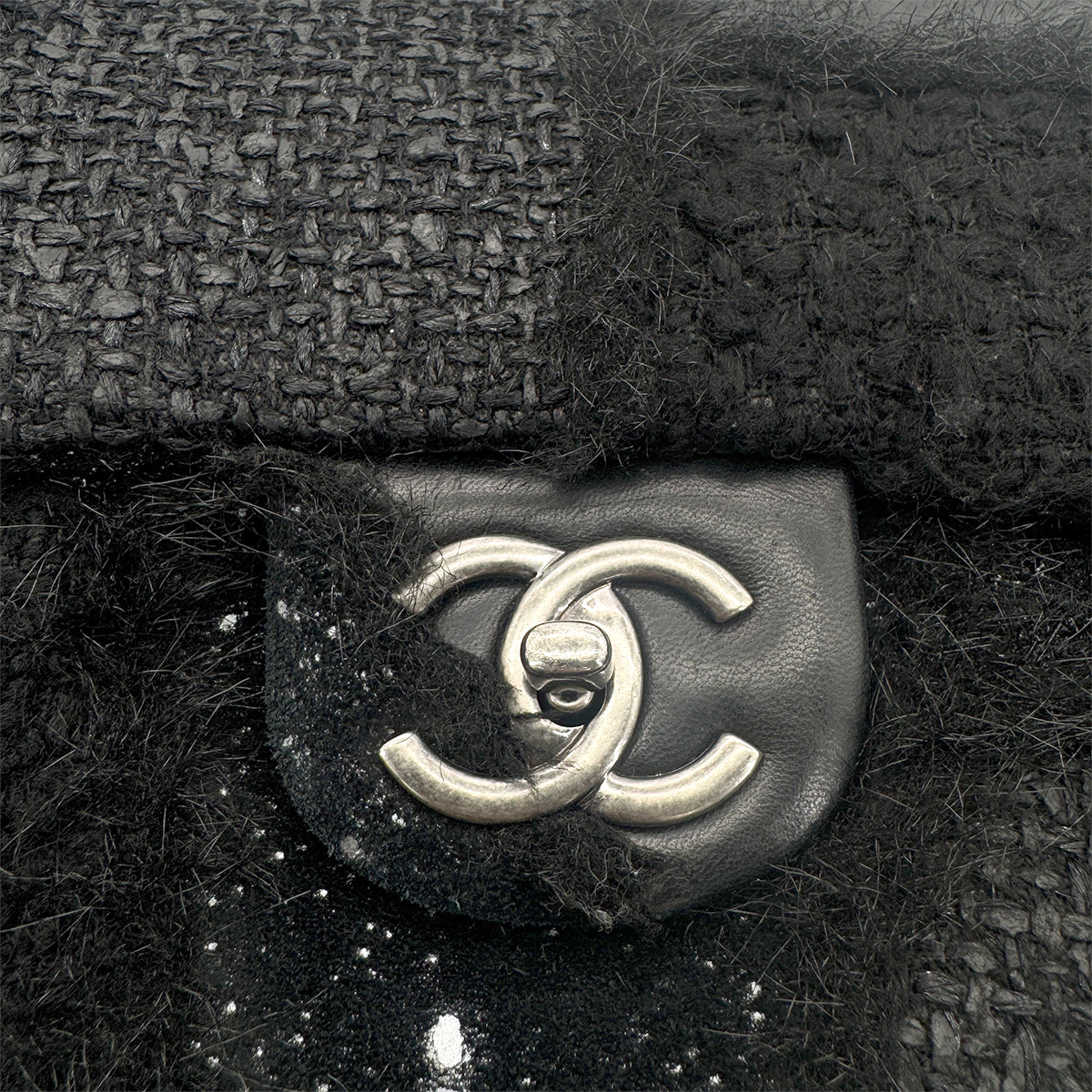 Luxury Promise Japan CHANEL CHAIN SHOULDER BAG PATCHWORK BLACK TWEED LEATHER 90271966