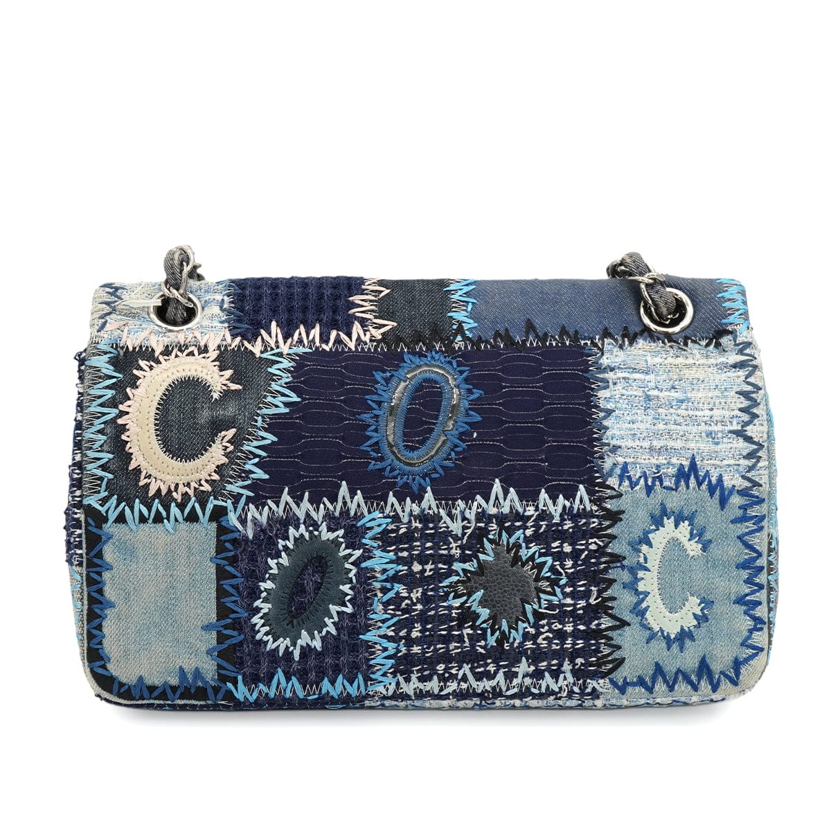 Luxury Promise Japan CHANEL CHAIN SHOULDER BAG PATCHWORK MULTICOLOR DENIM TWEED SILVER HARDWARE 90343838