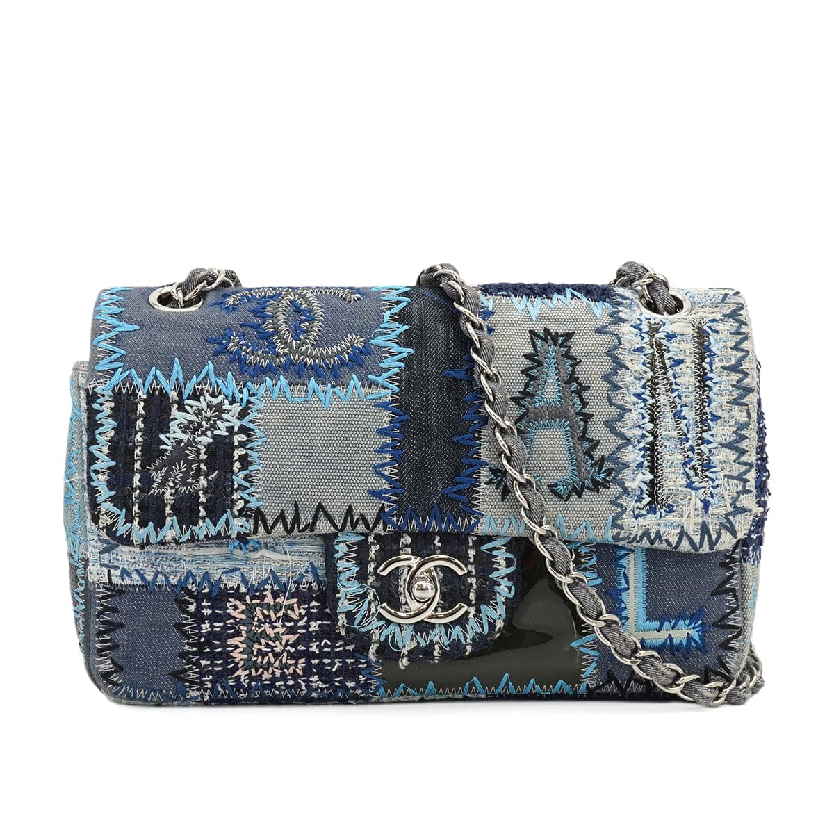 Luxury Promise Japan CHANEL CHAIN SHOULDER BAG PATCHWORK MULTICOLOR DENIM TWEED SILVER HARDWARE 90343838