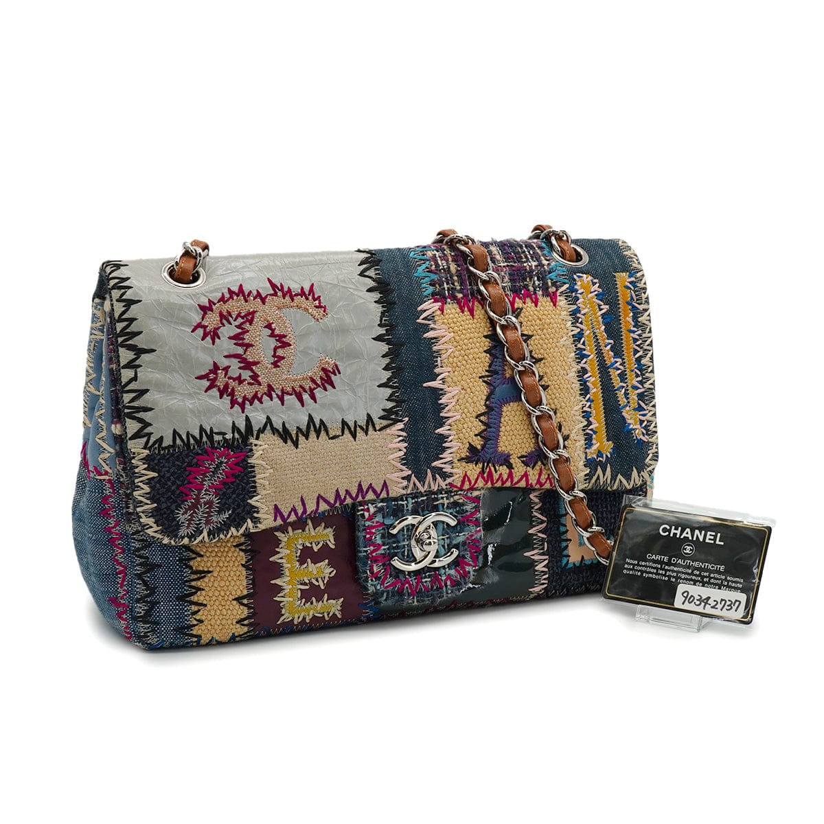 Luxury Promise Japan CHANEL CHAIN SHOULDER BAG PATCHWORK MULTICOLOR LEATHER DENIM TWEED SILVER HARDWARE 90342737