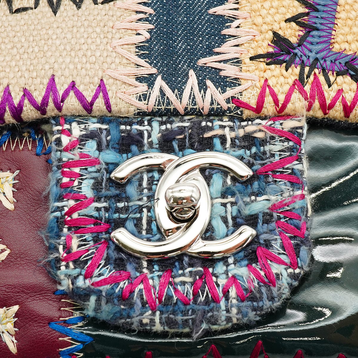 Luxury Promise Japan CHANEL CHAIN SHOULDER BAG PATCHWORK MULTICOLOR LEATHER DENIM TWEED SILVER HARDWARE 90342737