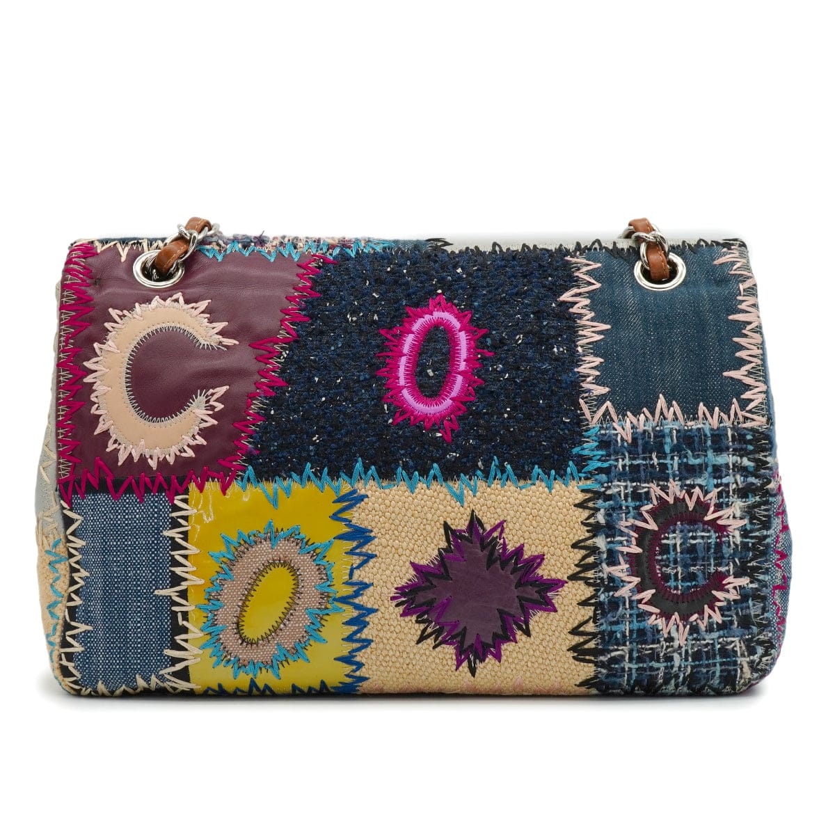 Luxury Promise Japan CHANEL CHAIN SHOULDER BAG PATCHWORK MULTICOLOR LEATHER DENIM TWEED SILVER HARDWARE 90342737