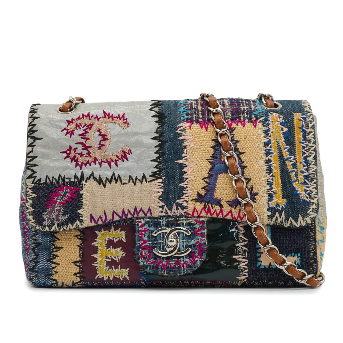 Luxury Promise Japan CHANEL CHAIN SHOULDER BAG PATCHWORK MULTICOLOR LEATHER DENIM TWEED SILVER HARDWARE 90342737