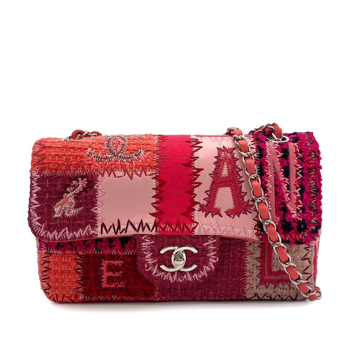 Luxury Promise Japan CHANEL CHAIN SHOULDER BAG PATCHWORK PINK TWEED LEATHER SILVER HARDWARE 90315622