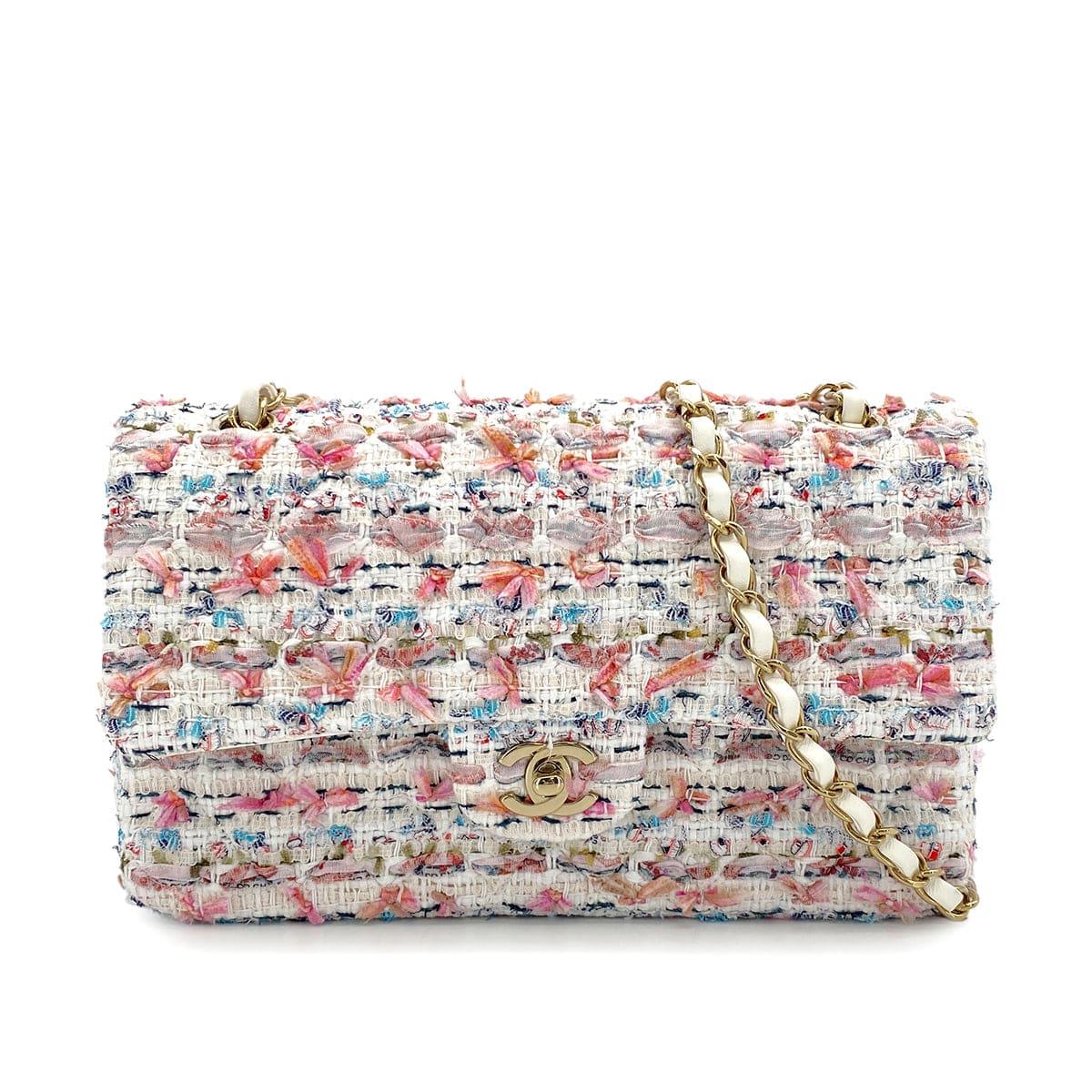 Luxury Promise Japan CHANEL CLASSIC FLAP MEDIUM CHAIN SHOULDER BAG MULTICOLOR TWEED GOLD HARDWARE 90324755