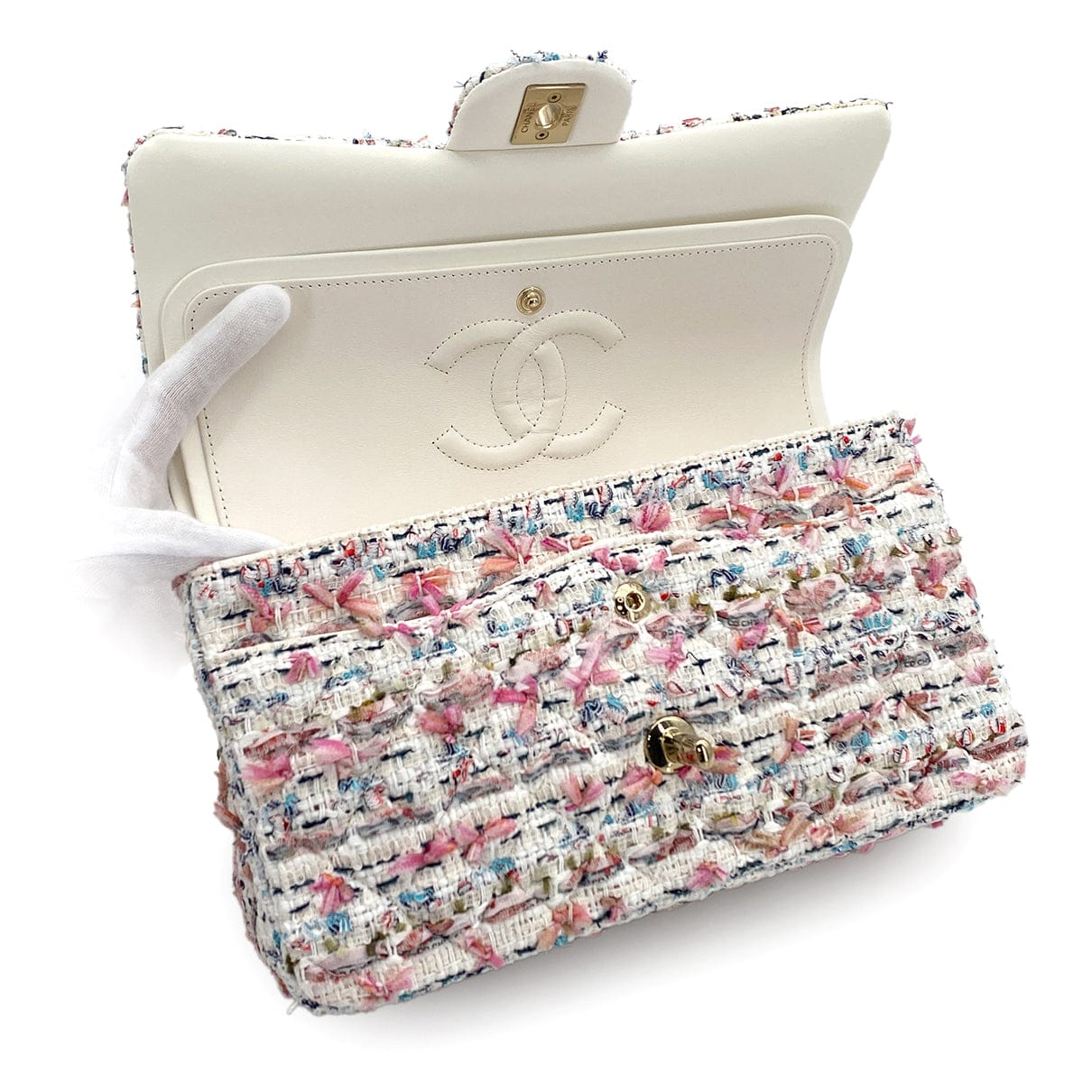 Luxury Promise Japan CHANEL CLASSIC FLAP MEDIUM CHAIN SHOULDER BAG MULTICOLOR TWEED GOLD HARDWARE 90324755