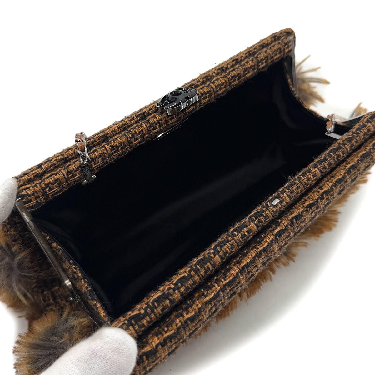 Luxury Promise Japan CHANEL CLUTCH CHAIN SHOULDER BAG BROWN TWEED FUR 90288006