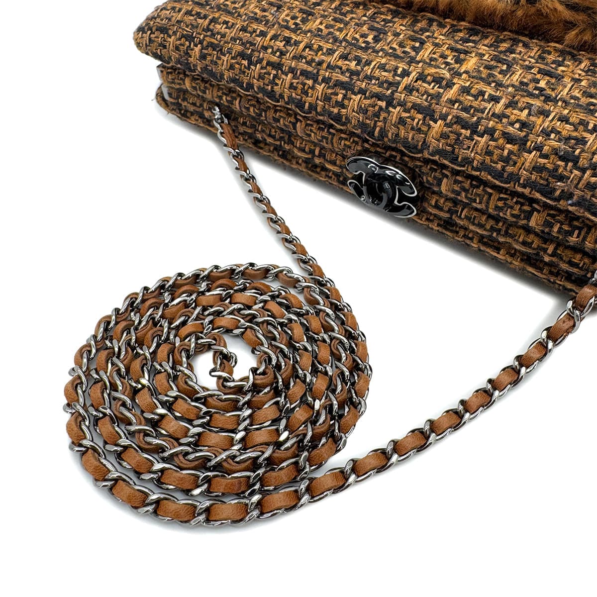 Luxury Promise Japan CHANEL CLUTCH CHAIN SHOULDER BAG BROWN TWEED FUR 90288006