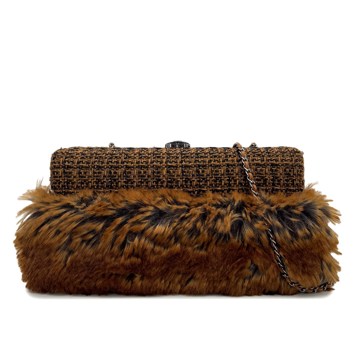 Luxury Promise Japan CHANEL CLUTCH CHAIN SHOULDER BAG BROWN TWEED FUR 90288006