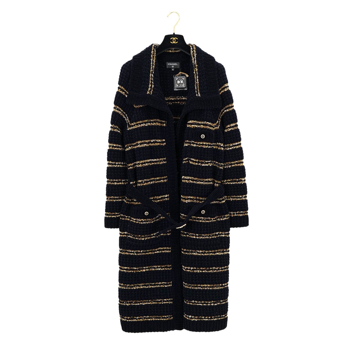 Luxury Promise Japan CHANEL COCO BUTTON BORDER TWEED LONG COAT BLACK GOLD WOOL 38 P64 RTW 90324155