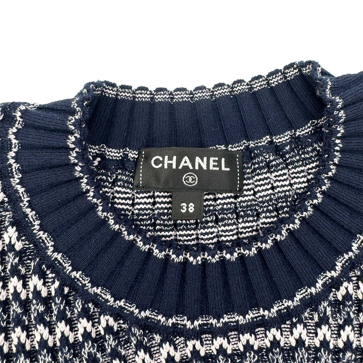 Luxury Promise Japan CHANEL COCOMARK COCO BUTTON HALF SLEEVE JACQUARD DRESS NAVY PINK COTTON 38 P63 RTW 90292124