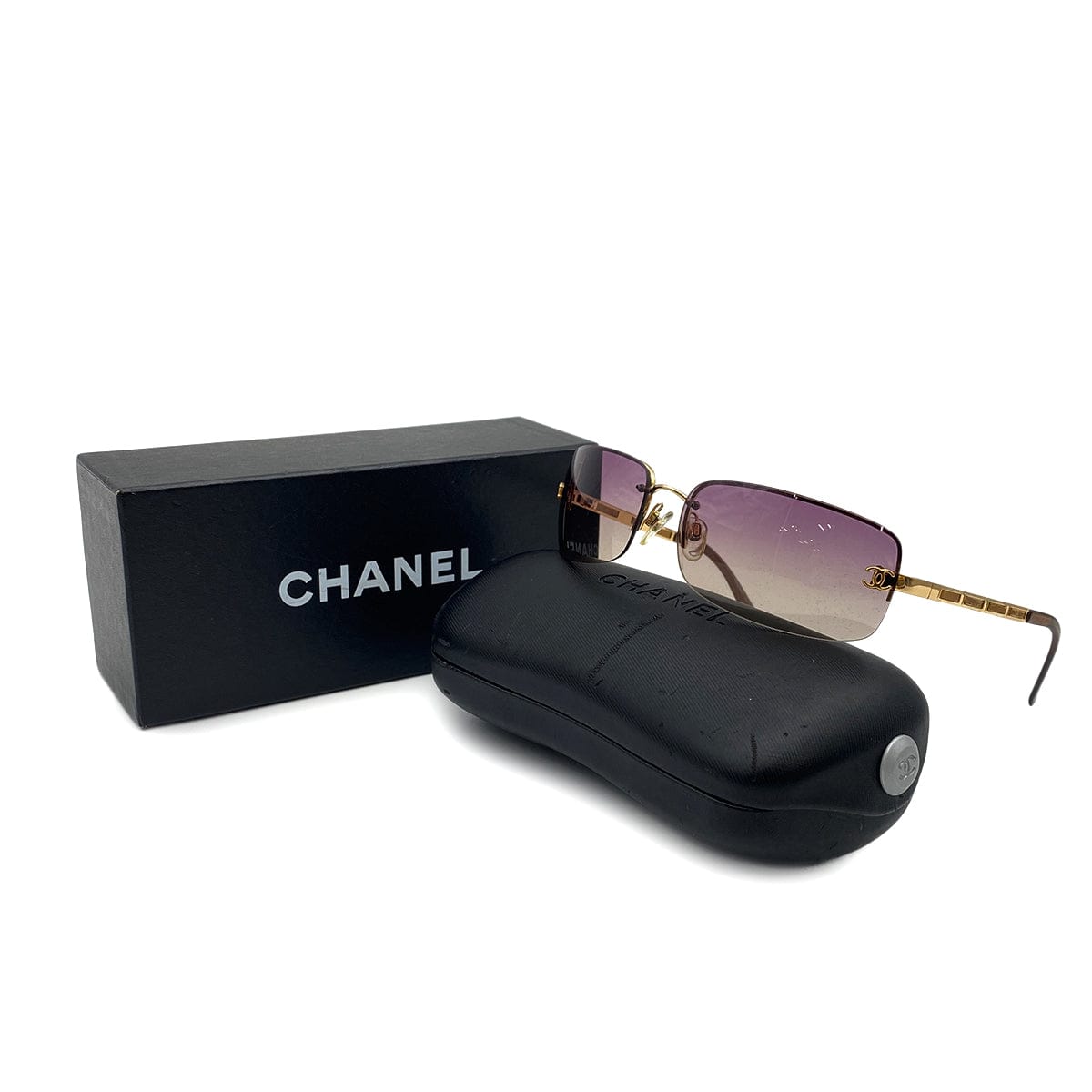 Luxury Promise Japan CHANEL COCOMARK RIMLESS SUNGLASSES GOLD PURPLE EYEWEAR 90319672