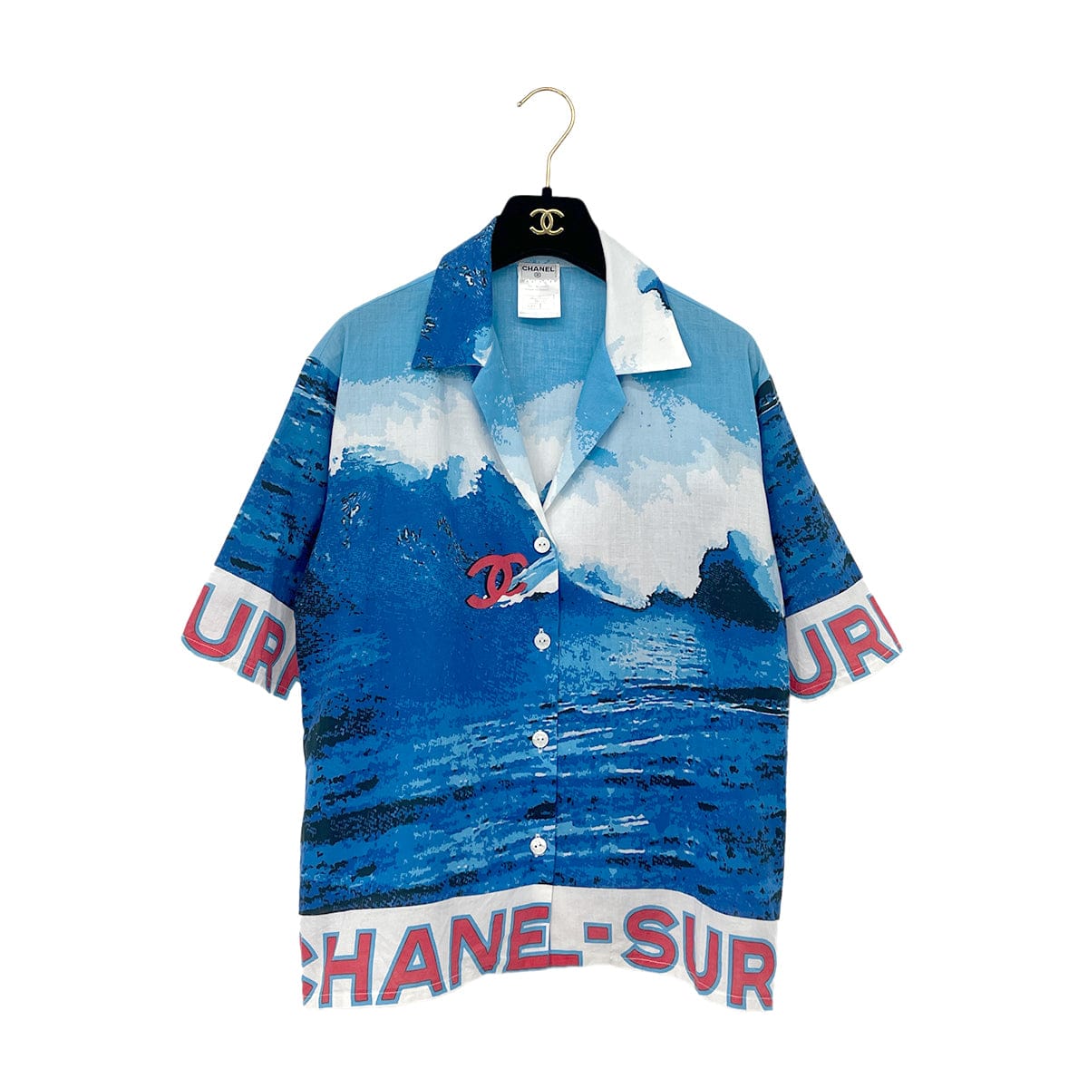 Luxury Promise Japan CHANEL COCOMARK SURF LINE 2002 SHORT SLEEVE SHIRT BLUE COTTON 38 02S RTW 90287086