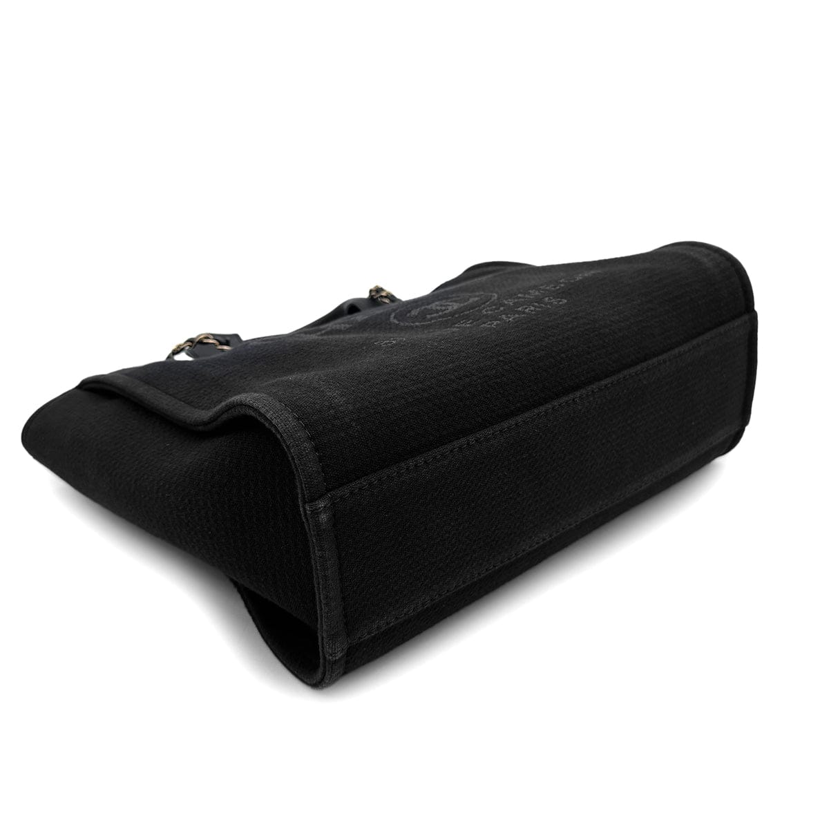 Luxury Promise Japan CHANEL DEAUVILLE MM CHAIN TOTE BAG BLACK CANVAS LEATHER 90300006