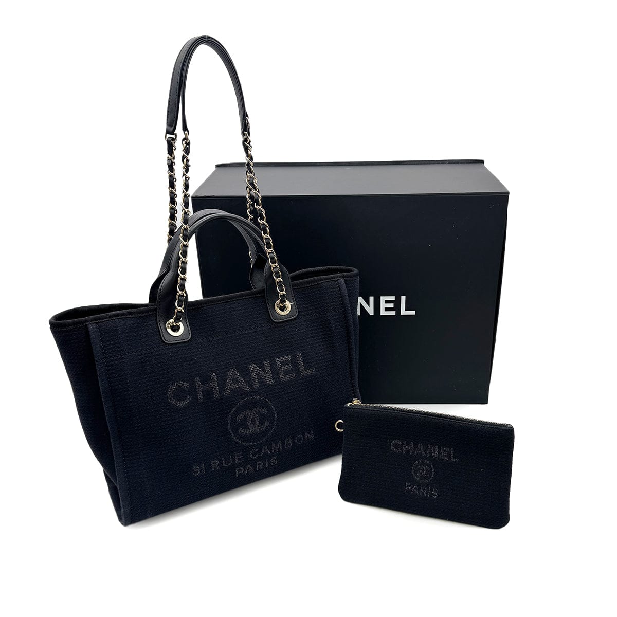 Luxury Promise Japan CHANEL DEAUVILLE MM CHAIN TOTE BAG BLACK CANVAS LEATHER 90300006