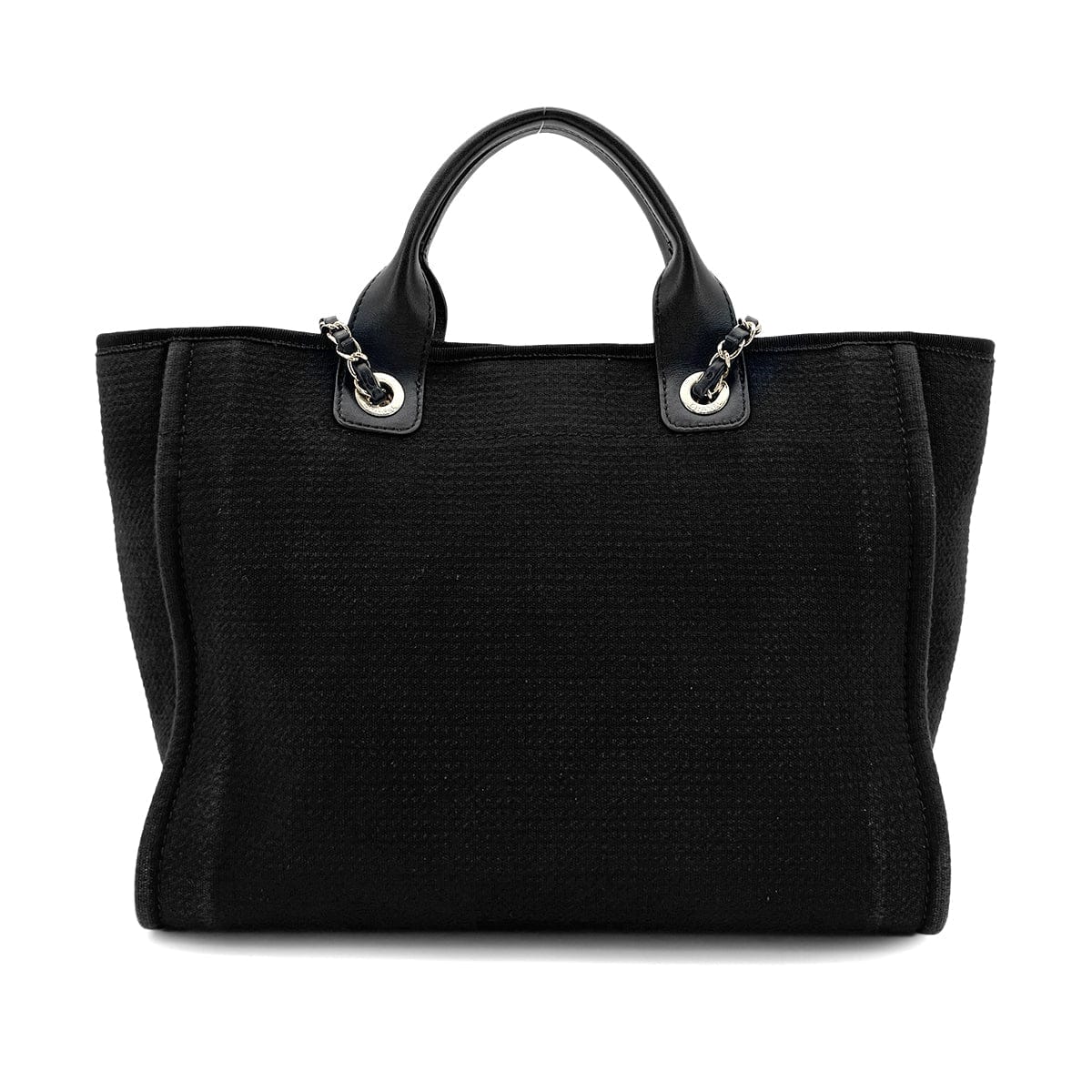 Luxury Promise Japan CHANEL DEAUVILLE MM CHAIN TOTE BAG BLACK CANVAS LEATHER 90300006