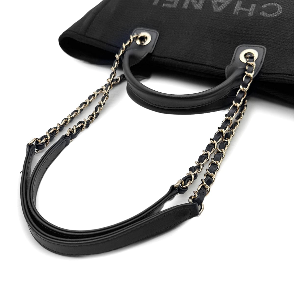 Luxury Promise Japan CHANEL DEAUVILLE MM CHAIN TOTE BAG BLACK CANVAS LEATHER 90300006
