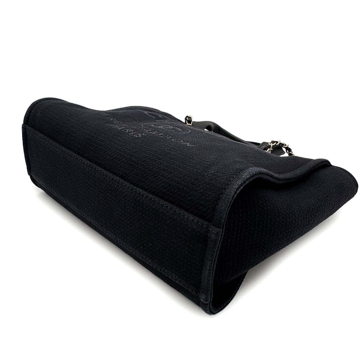 Luxury Promise Japan CHANEL DEAUVILLE MM CHAIN TOTE BAG BLACK CANVAS LEATHER 90300006