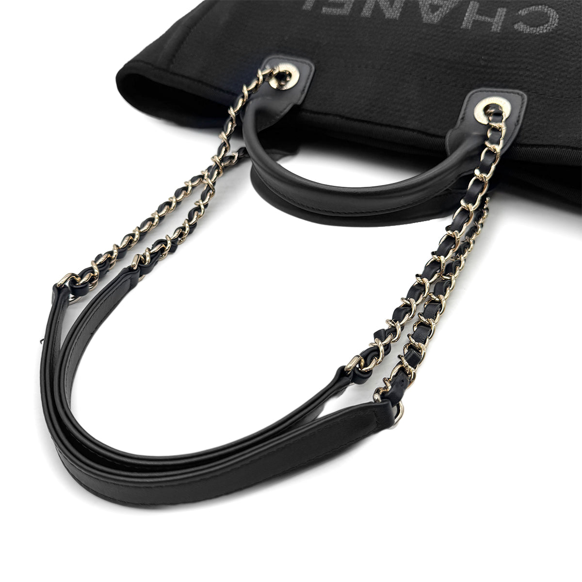 Luxury Promise Japan CHANEL DEAUVILLE MM CHAIN TOTE BAG BLACK CANVAS LEATHER 90300006
