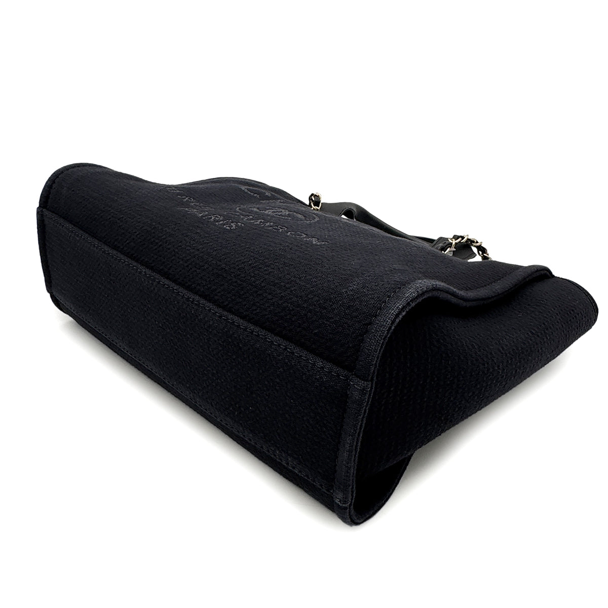 Luxury Promise Japan CHANEL DEAUVILLE MM CHAIN TOTE BAG BLACK CANVAS LEATHER 90300006