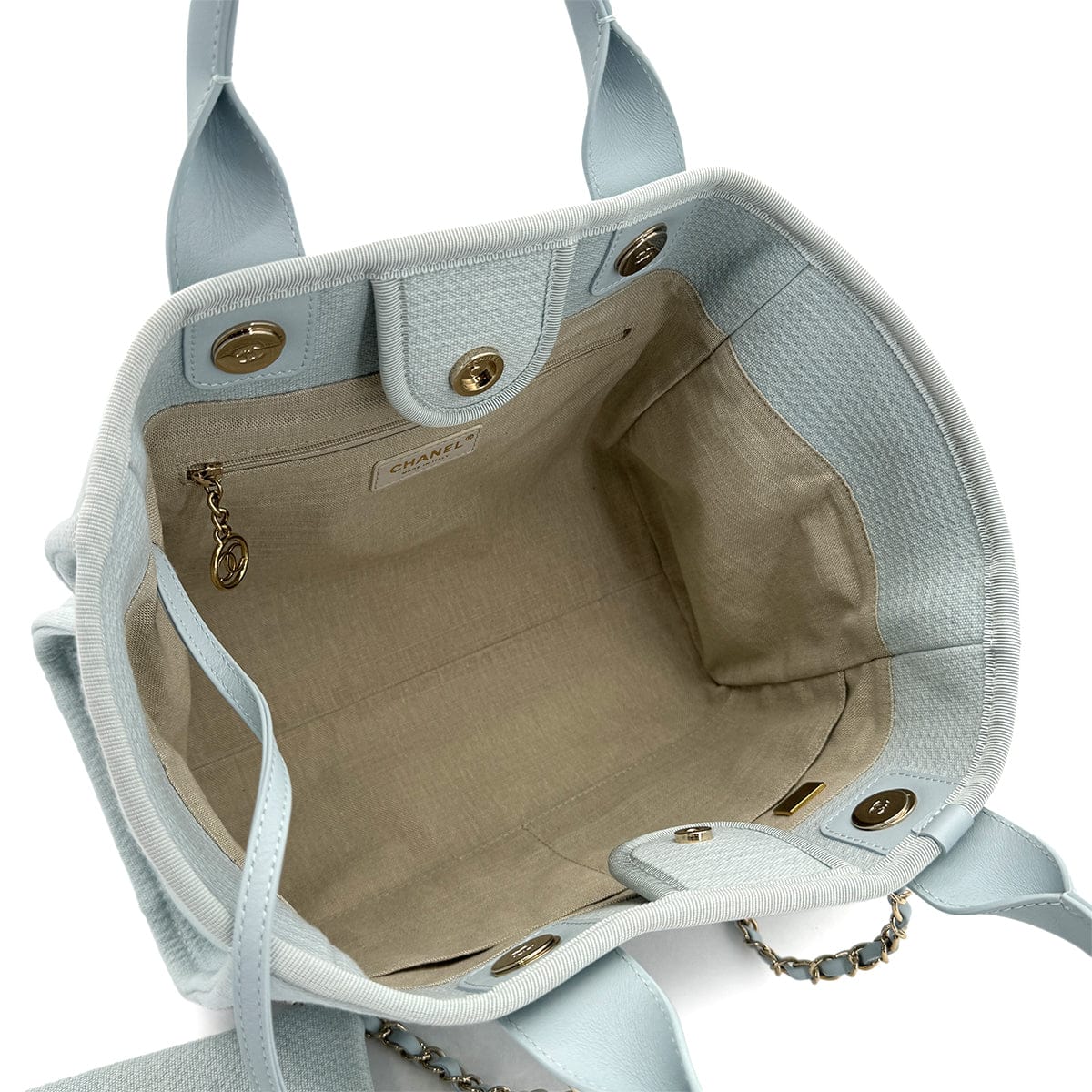 Luxury Promise Japan CHANEL DEAUVILLE MM CHAIN TOTE BAG LIGHT BLUE CANVAS LEATHER 90299536