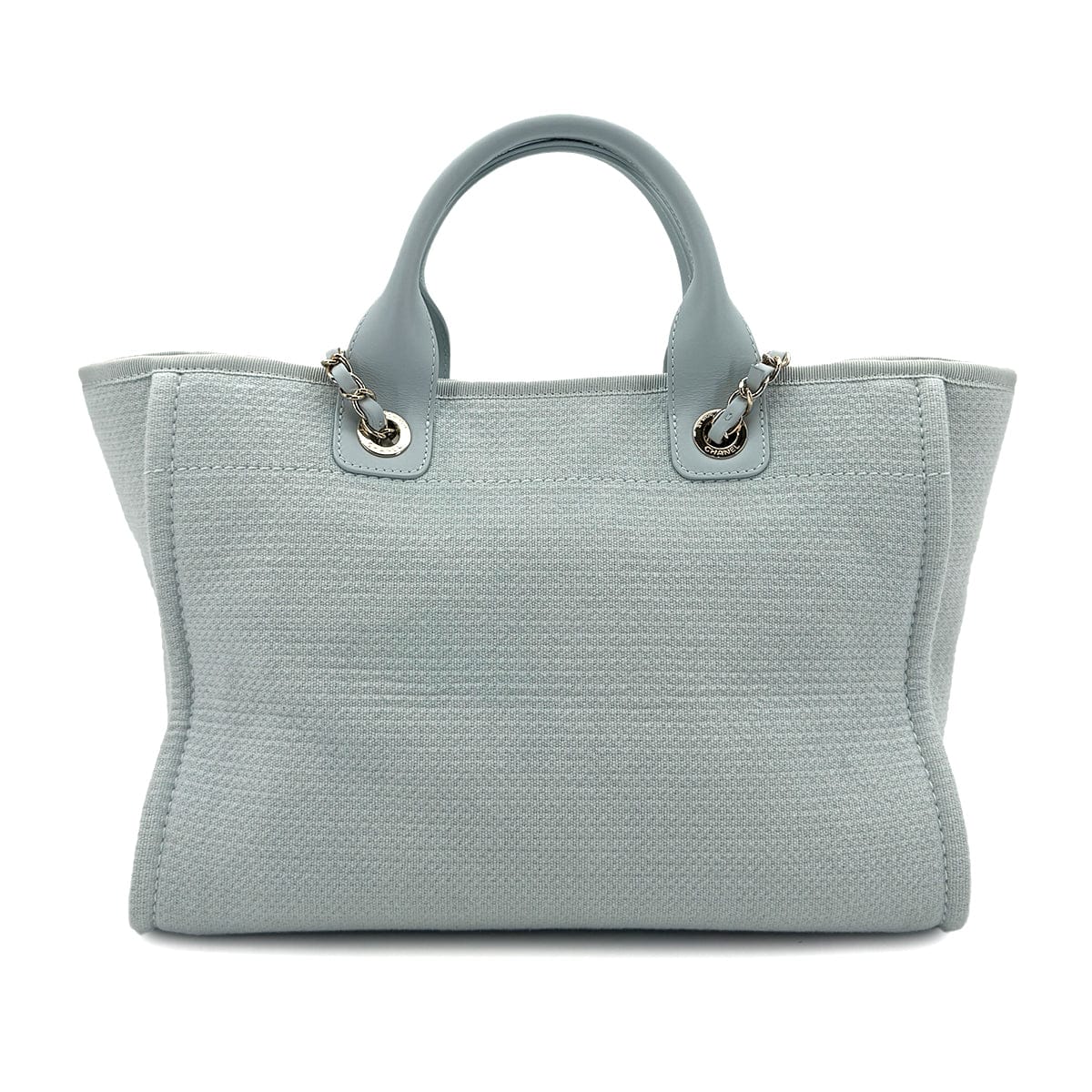 Luxury Promise Japan CHANEL DEAUVILLE MM CHAIN TOTE BAG LIGHT BLUE CANVAS LEATHER 90299536