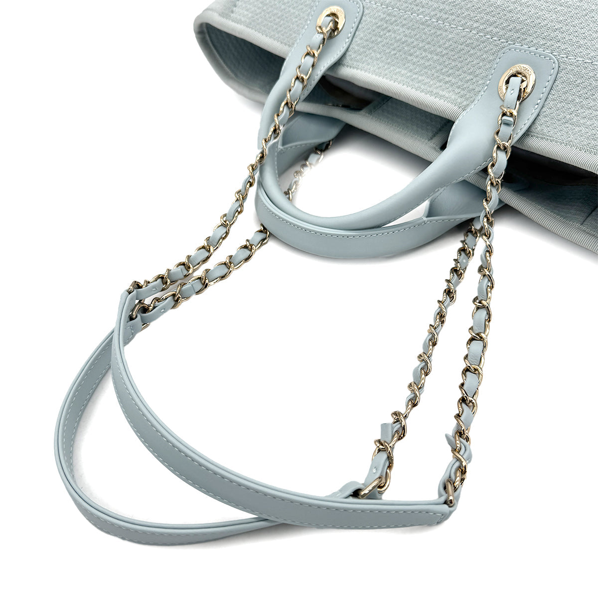 Luxury Promise Japan CHANEL DEAUVILLE MM CHAIN TOTE BAG LIGHT BLUE CANVAS LEATHER 90299536