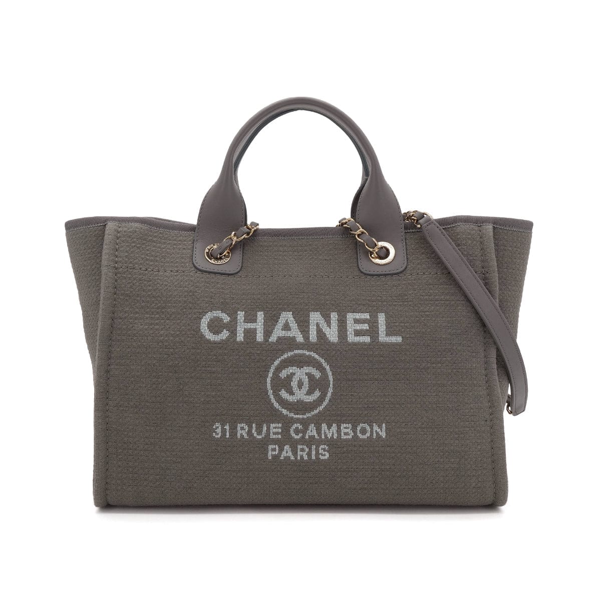 Luxury Promise Japan CHANEL DEAUVILLE MM LOGO CHAIN TOTE BAG GRAY CANVAS LEATHER 90303733