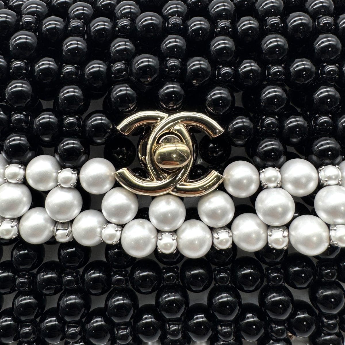 Luxury Promise Japan CHANEL FAUX PEARL CHAIN SHOULDER BAG WHITE BLACK GOLD HARDWARE 90317003