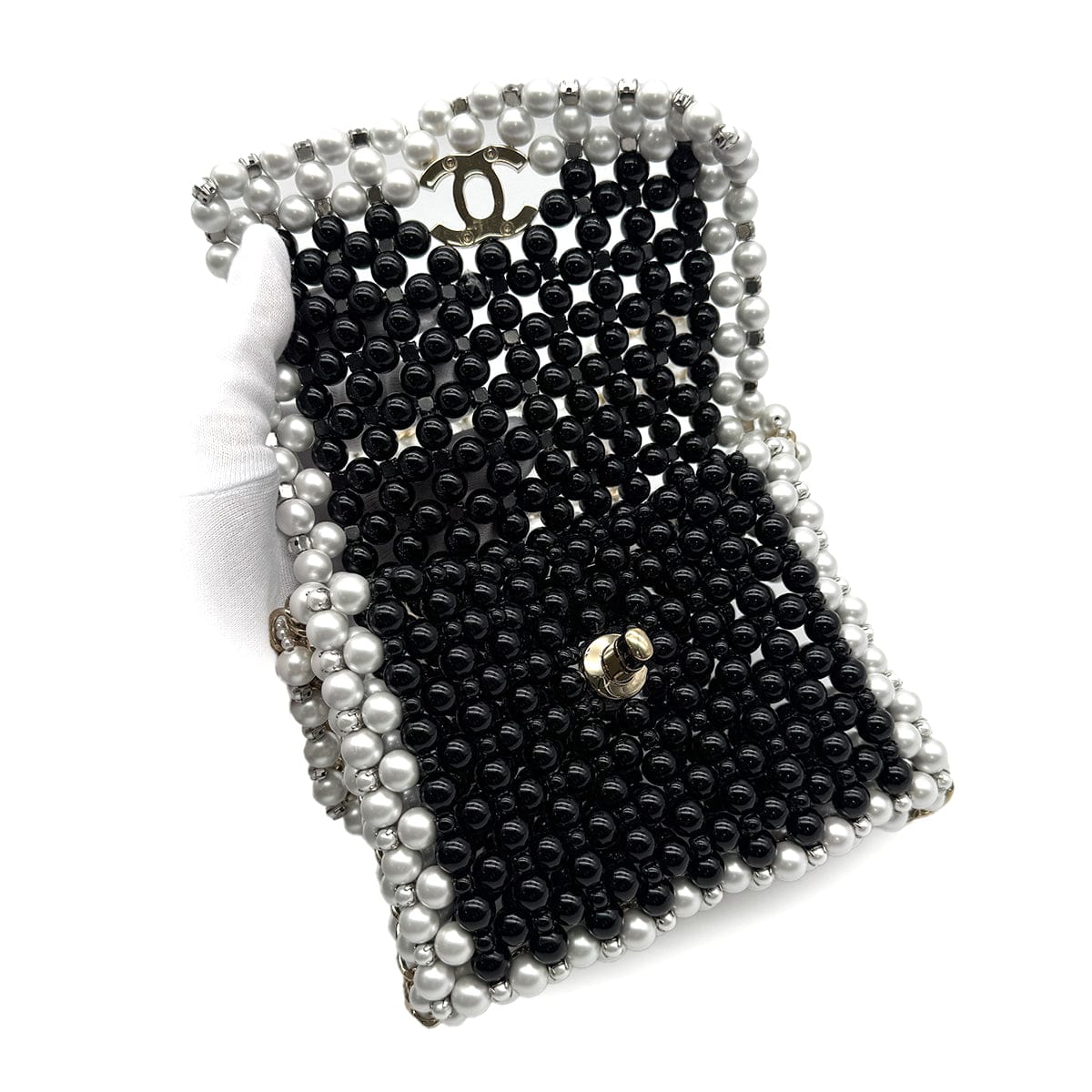 Luxury Promise Japan CHANEL FAUX PEARL CHAIN SHOULDER BAG WHITE BLACK GOLD HARDWARE 90317003