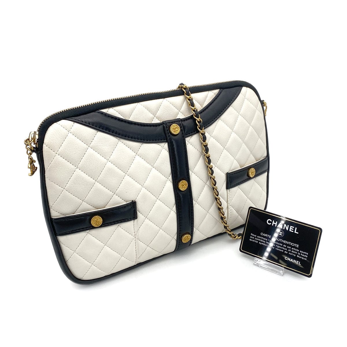 Luxury Promise Japan CHANEL GIRL COCOBUTTON CHAIN SHOULDER BAG BYCOLOR WHITE BLACK LAMB SKIN 90262379
