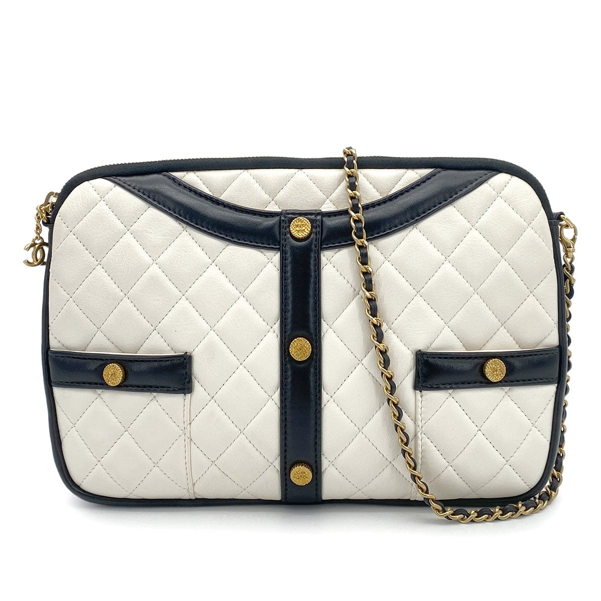 Luxury Promise Japan CHANEL GIRL COCOBUTTON CHAIN SHOULDER BAG BYCOLOR WHITE BLACK LAMB SKIN 90262379