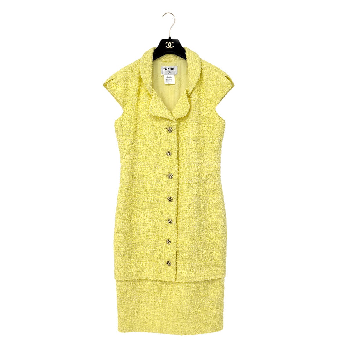 Luxury Promise Japan CHANEL GRIPOA COCO BUTTON SLEEVELESS TWEED DRESS WITH BELT YELLOW COTTON 42 P42 RTW 90288722