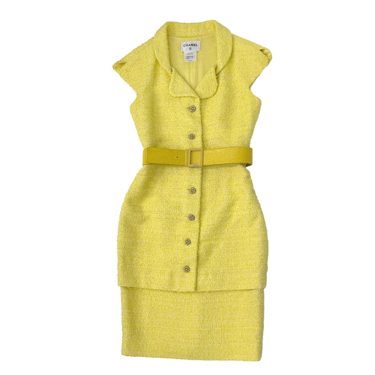 Luxury Promise Japan CHANEL GRIPOA COCO BUTTON SLEEVELESS TWEED DRESS WITH BELT YELLOW COTTON 42 P42 RTW 90288722