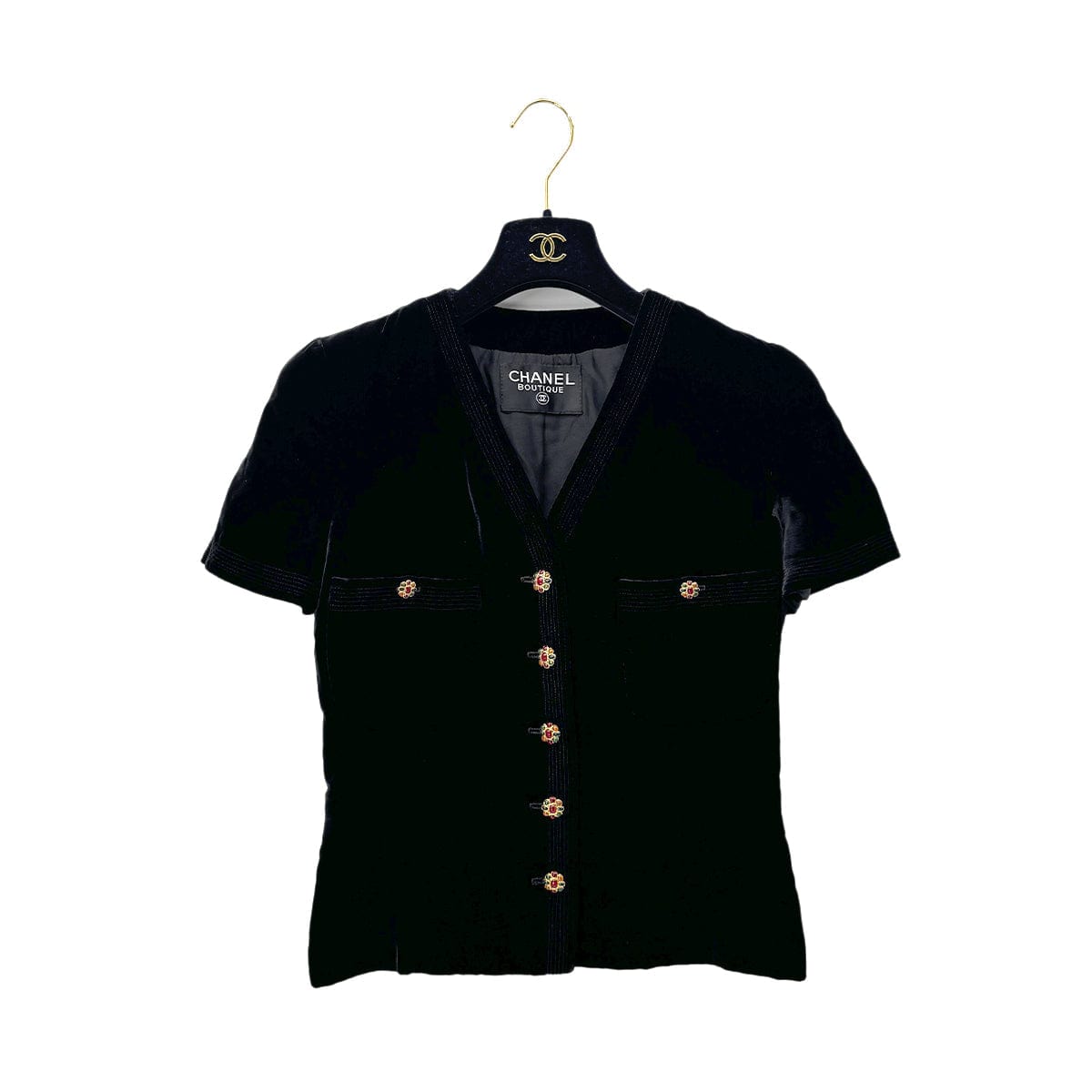 Luxury Promise Japan CHANEL GRIPOIX BUTTON VELOR HALF SLEEVE JACKET BLACK RAYON RTW 90284590