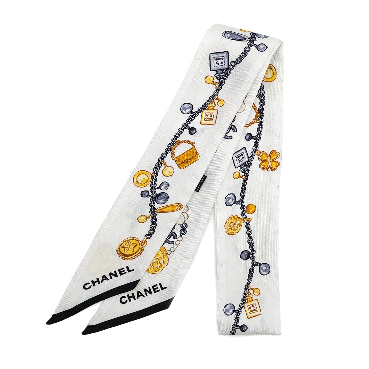 Luxury Promise Japan CHANEL LOGO CHARM PATTERN SCARF HAIR BAND WHITE SILK ACCESSORY 90324790