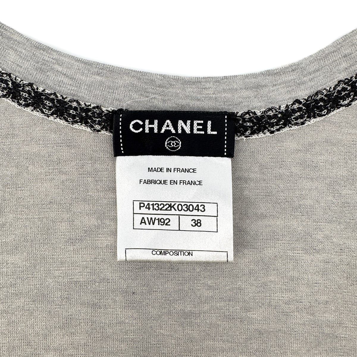 Luxury Promise Japan CHANEL LOGO LACE V-NECK SHORT SLEEVED SHIRT GRAY COTTON 38 P41 RTW 90295860