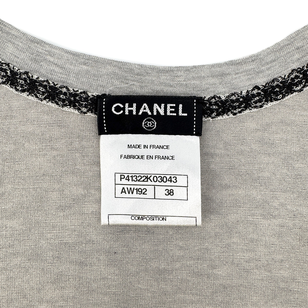 Luxury Promise Japan CHANEL LOGO LACE V-NECK SHORT SLEEVED SHIRT GRAY COTTON 38 P41 RTW 90295860