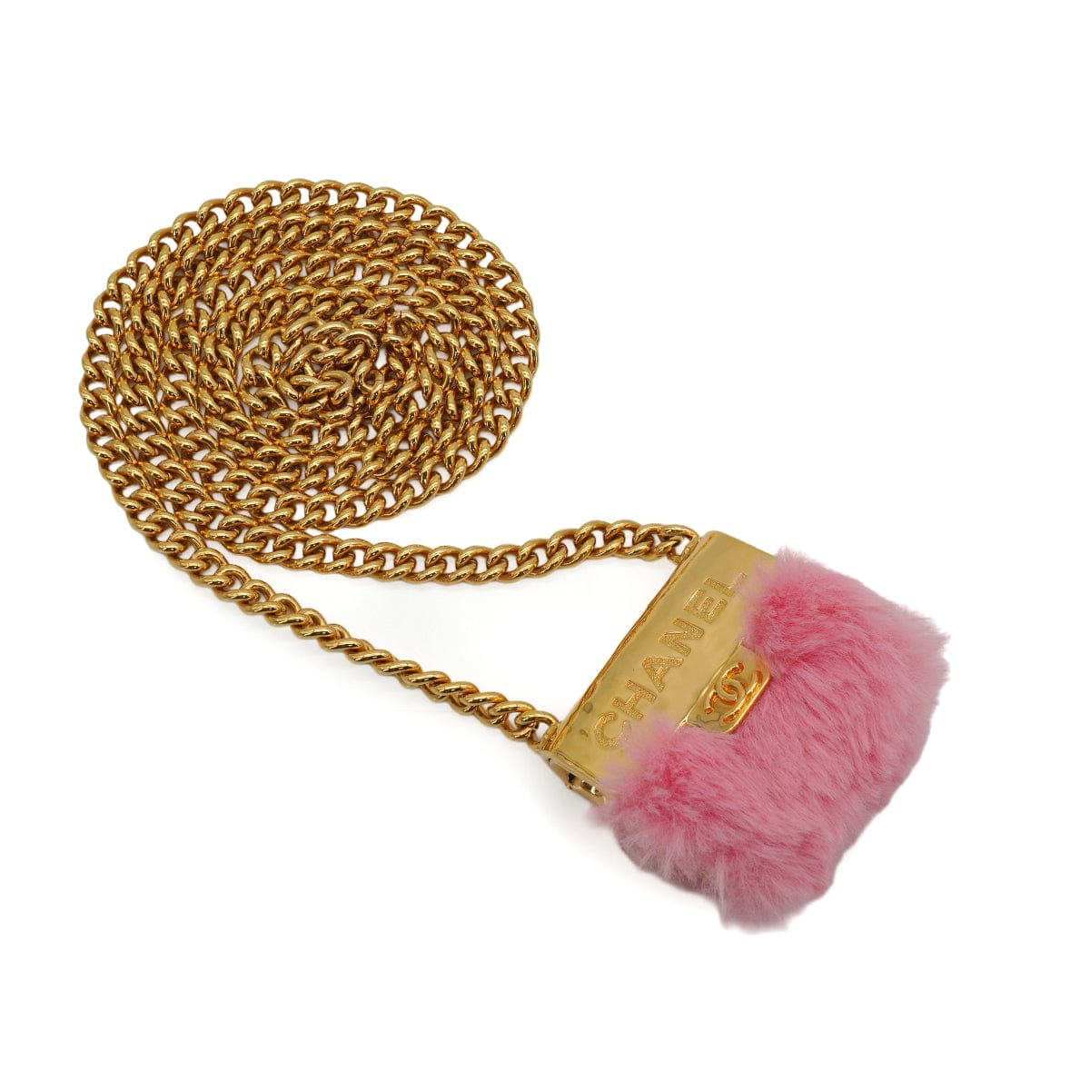Luxury Promise Japan CHANEL LOGO METAL BAG NECKLACE PINK FAUX FUR GOLD HARDWARE B24C 90344801