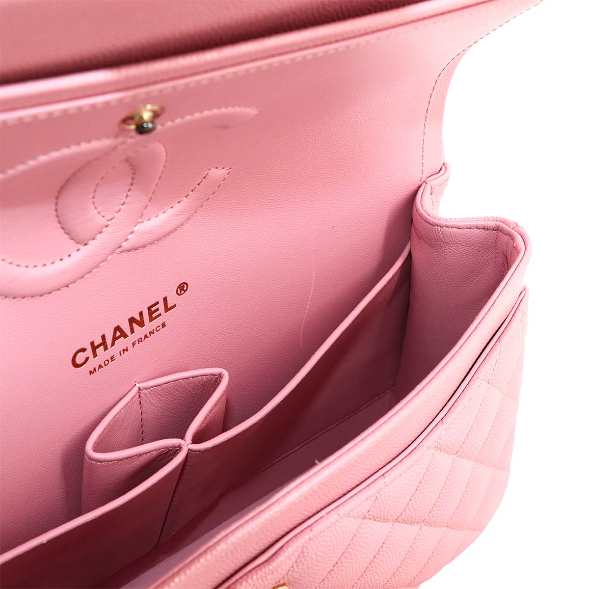 Luxury Promise Japan CHANEL Matelasse 25 Chain Shoulder Bag in Pink Caviar Leather (A01112) with Gold Hardware and Coco Mark. Product Code: 90300332.