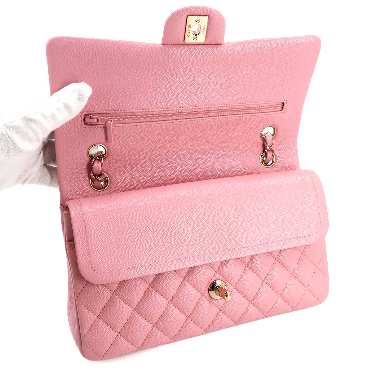 Luxury Promise Japan CHANEL Matelasse 25 Chain Shoulder Bag in Pink Caviar Leather (A01112) with Gold Hardware and Coco Mark. Product Code: 90300332.