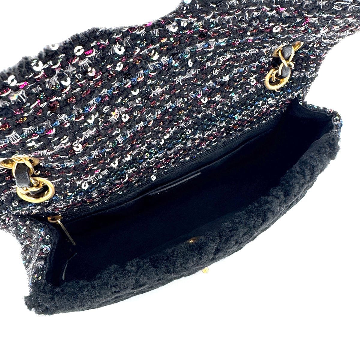 Luxury Promise Japan CHANEL MATELASSE CHAIN SHOULDER BAG BLACK FAR TWEED SEQUINS 90292747